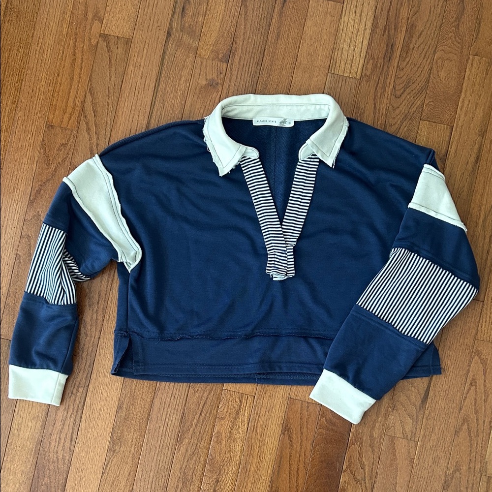 Altar’d State.  Navy and Cream Striped Collared Sweatshirt. Size Small